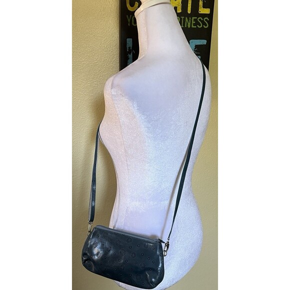 Brighton Small Leather Crossbody Teal Blue Silver Metallic Flower Embossed - Picture 3 of 11